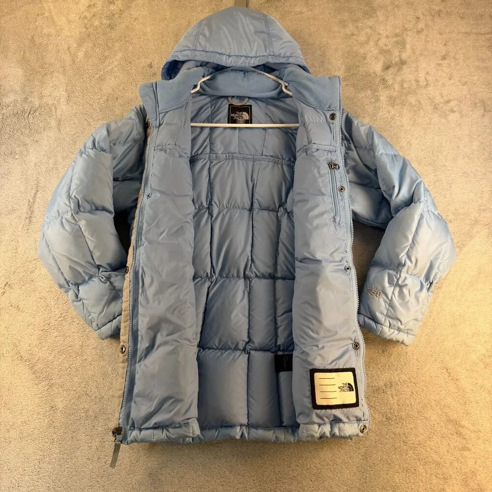 North Face Girls 550 Down Puffer Jacket Hooded Periwinkle Blue Size Large